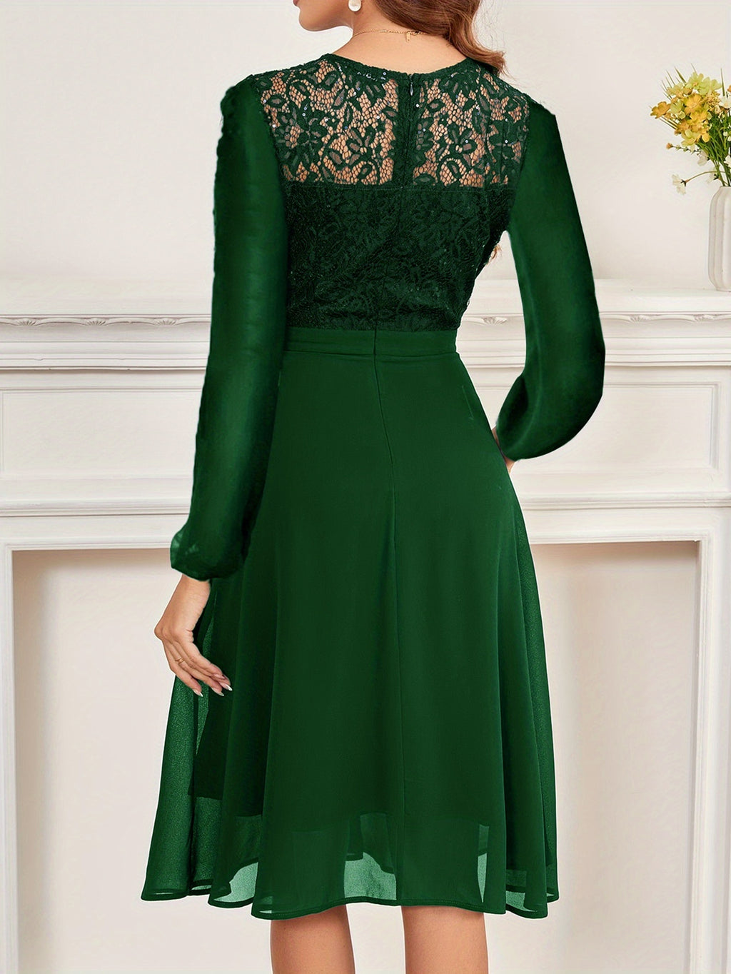 Women's Wedding Bridesmaid Dress, Chiffon Sequin Lace Long Sleeve Midi Cocktail Dress - Green