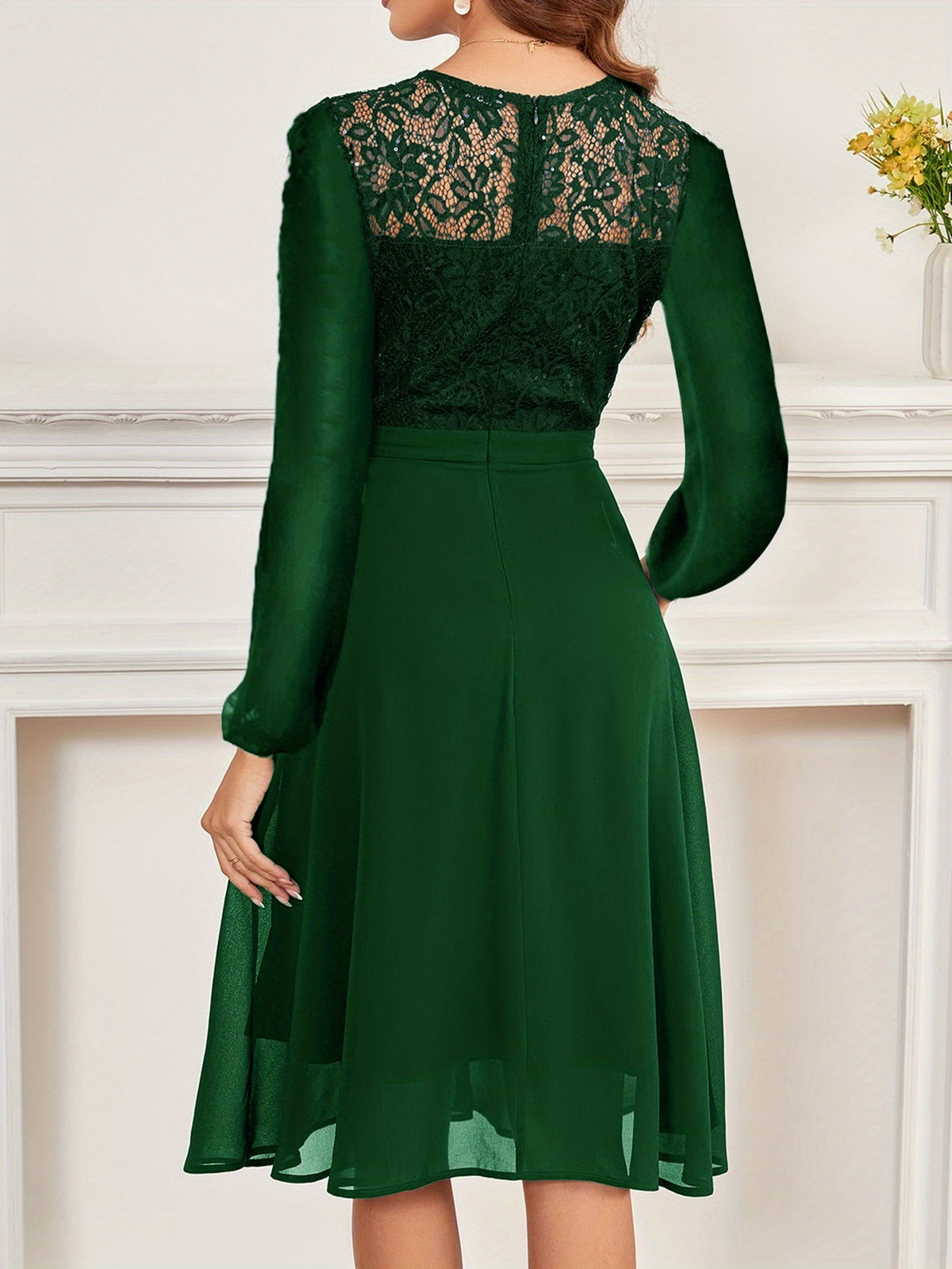 Women's Wedding Bridesmaid Dress, Chiffon Sequin Lace Long Sleeve Midi Cocktail Dress - Green