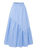 Women'S Elegant Fashion Casual Skirt, A-Line Irregular Checkered Print High-Waist Skirt, Cute And Trendy Versatile Skirt, Comfortable Fabric, Machine Washable, Suitable for Travel, Vacation, And Outings - Blue