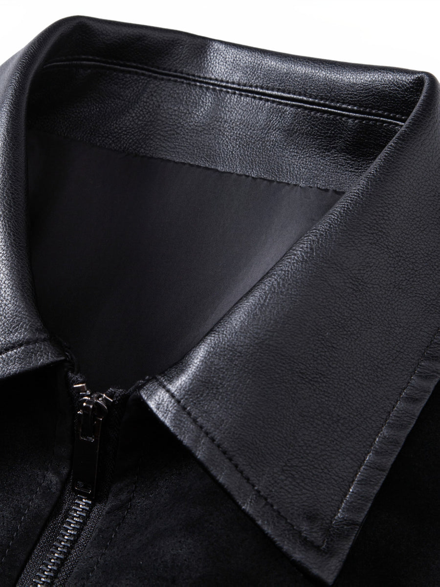 Men's Vintage Patchwork Outerwear, Notched Lapel Suedette-Look Zipper Baseball Jacket with Suedette Contrast Trim on Collar, Pockets, and Cuffs, Autumn/Winter Daily Warm Short Coat - Charcoal