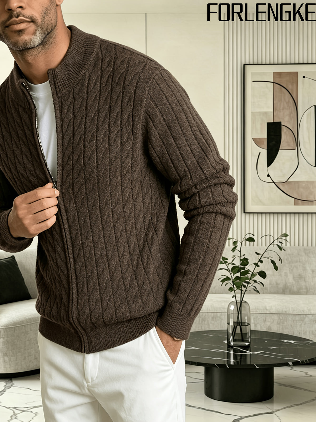 FORLENGKE Men'S Solid Color Stand Collar Cable Knit Zip Cardigan, Autumn And Winter Vintage Braided Texture Sweater, Casual Regular Fit, Suitable for Commuting And Traveling, Versatile Men'S Knit Jacket Available in Multiple Colors - Coffee Color