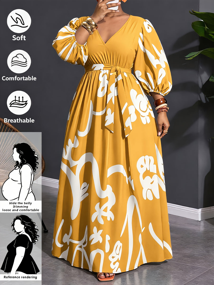 Plus Size Abstract Print V-Neck Lantern Sleeve Midi Dress, Women'S Tie-Waist A-Line Flowy Casual Party Long Dress - Yellow