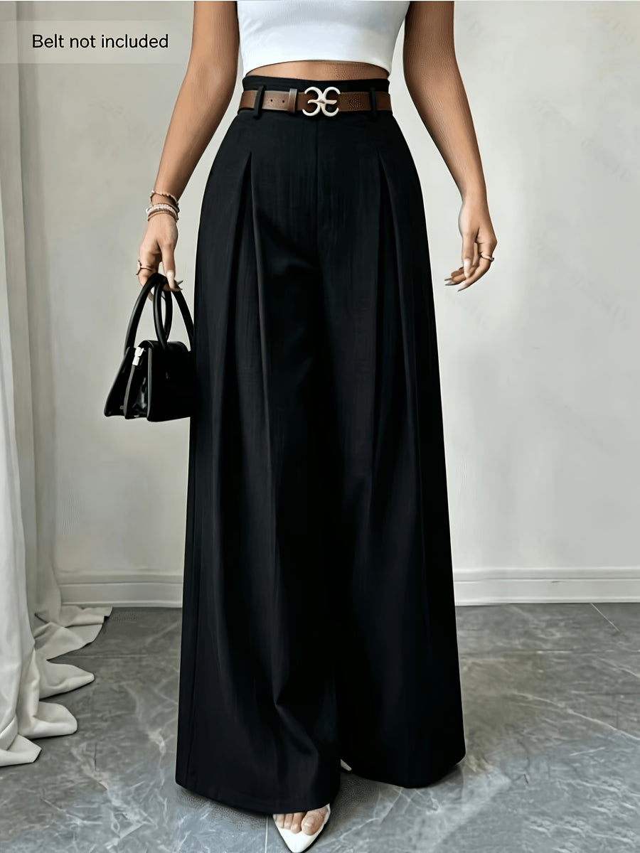 Women's High-Waisted Wide- Trousers - Loose-Fit Solid Color Pants Suitable for Daily Wear & Vacation, Beltless Spring/Summer Style for Office, Casual Outfits - Machine Washable Elegant Trousers - Black