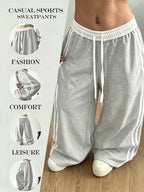 Street-style Color-block Striped Elastic Waistband Sweatpants, Loose-fitting, Figure-flattering, Drapey, and Relaxed-style Wide-leg Casual Trousers - Light Grey