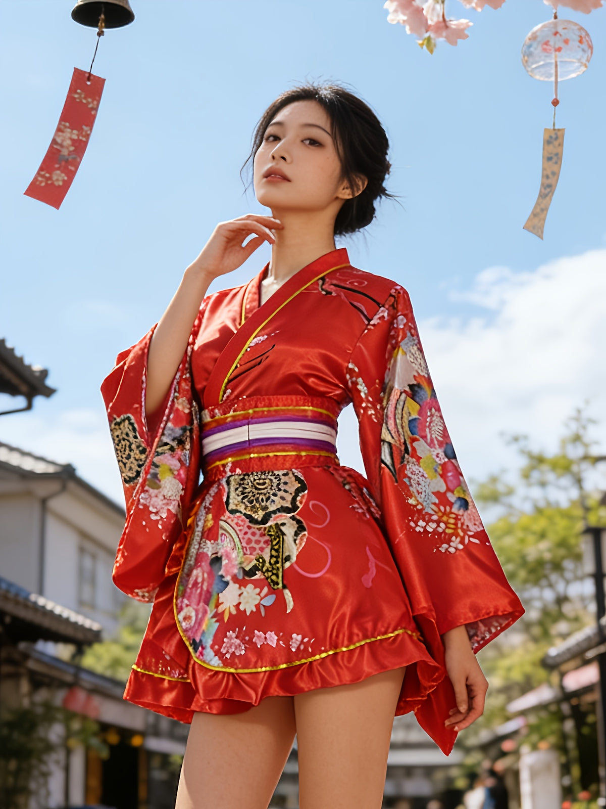 Japanese Traditional Cosplay Outfit for Women, Formal Japanese Kimono, Yukata, Sleep Robe, Shortened Modified Traditional Kimono, Cosplay Anime Photoshoot Performance Homewear, Sweet Dress and Short Skirt, Ramadan Apparel - Red