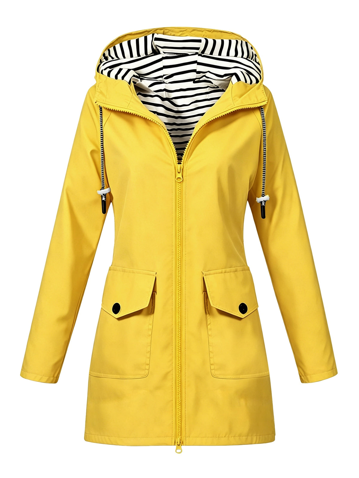 Women'S Hooded Outdoor Pocket Zipper Casual Mid-Length Trench Coat - Yellow