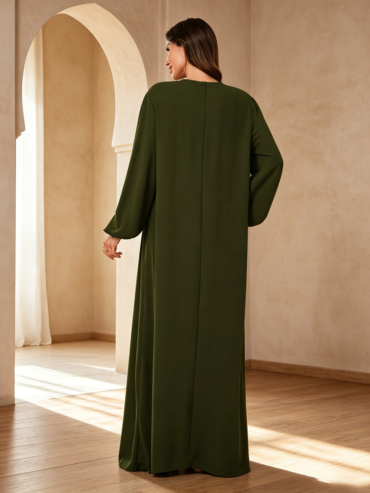 1pc Elegant Holiday Style Loose Wrinkled Versatile Solid Color Suitable for Daily Wear Comfortable Casual Loose Comfortable Women'S Abaya Dress. Abayas for Women Dubai Long Dresses for Women Abaya Damen Ladies Abaya Robe Long Sleeve Women - Olive Green