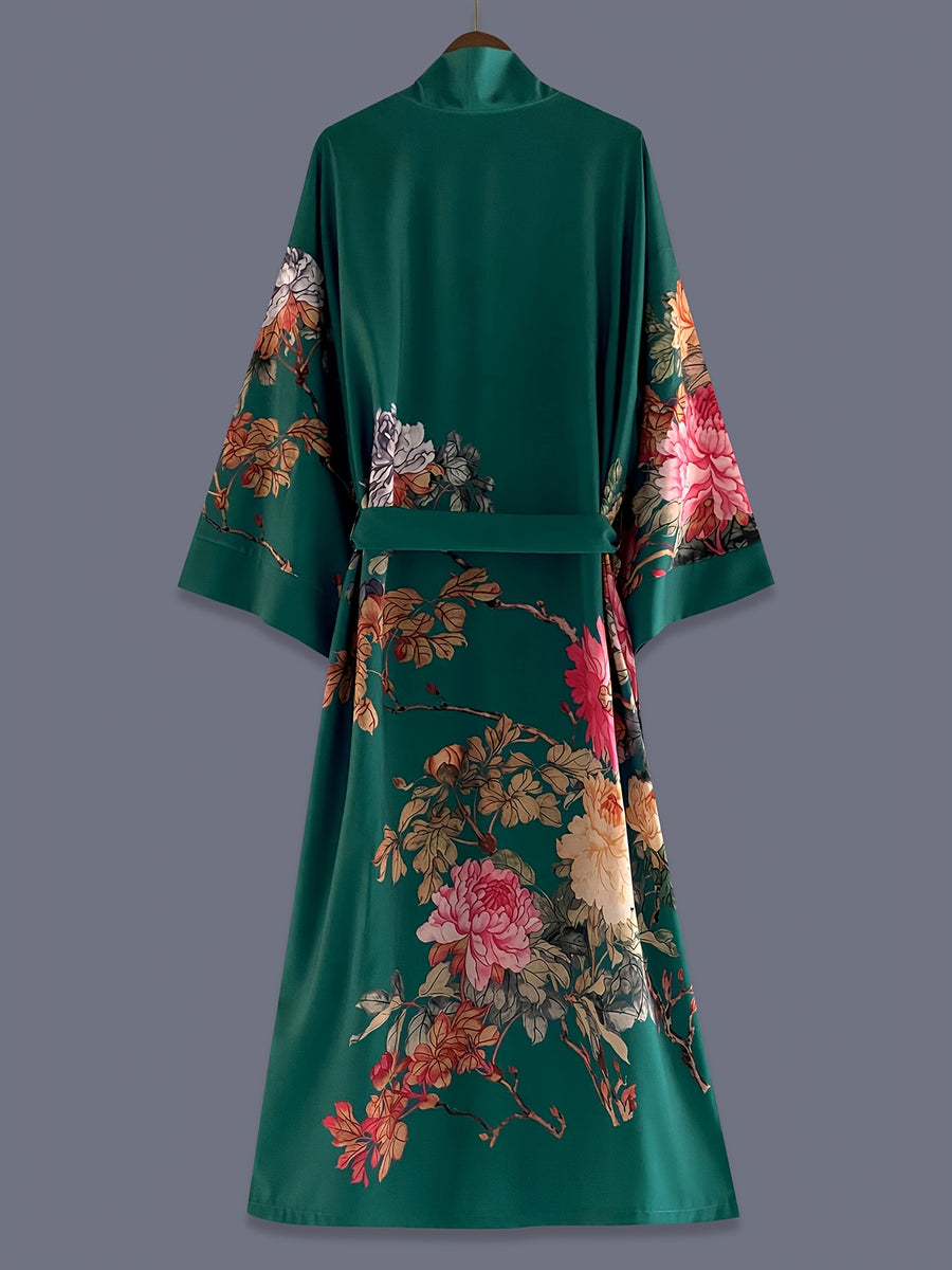 Japanese-style Rose Print Mid-length Three-quarter Sleeve Kimono Cardigan, Lightweight Outerwear for Women, Elegant European and American Ethnic-inspired Streetwear Casual Cover-up, Beach Vacation Travel Uchikake-style Thin Cape Coat, Home Yukata - Malachite Green