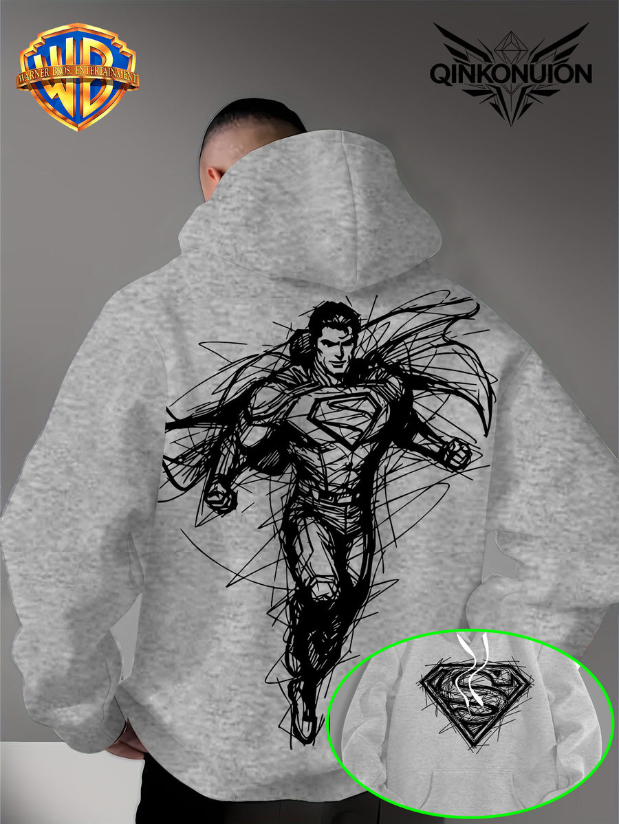 Warner Official Men'S Hooded Sweatshirt, Featuring Sketch Lines, Superhuman Flight, Dynamic And Cool Print Design, Machine Washable, Warm And Casual for Autumn And Winter, Daily Drawstring Hoodie, Multifunctional Sports And Casual Loose Fit - Light Grey