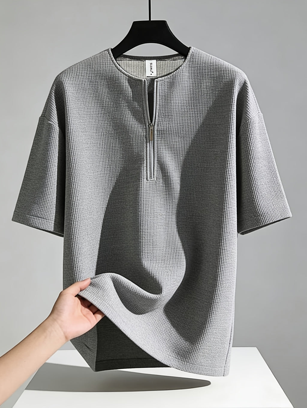 Men's Button-Up Shirt Style Pullover Half-Zip Short Sleeve American-Style Premium Waffle Casual V-Neck Summer T-Shirt Top, In Stock - Grey