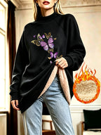 Dreamy Purple-Golden Butterfly Print Half-Turtleneck -Lined Sweatshirt Dress for Women, Autumn/Winter Loose Fit Thickened Midi-Length Top - Black