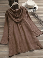 Women's Elegant Solid Color Full- Button- Shirt Jacket with Hood - Long Sleeve Blouse for Casual & Professional Wear, Machine Washable, All-Season Regular Fit Outerwear - Dark Brown