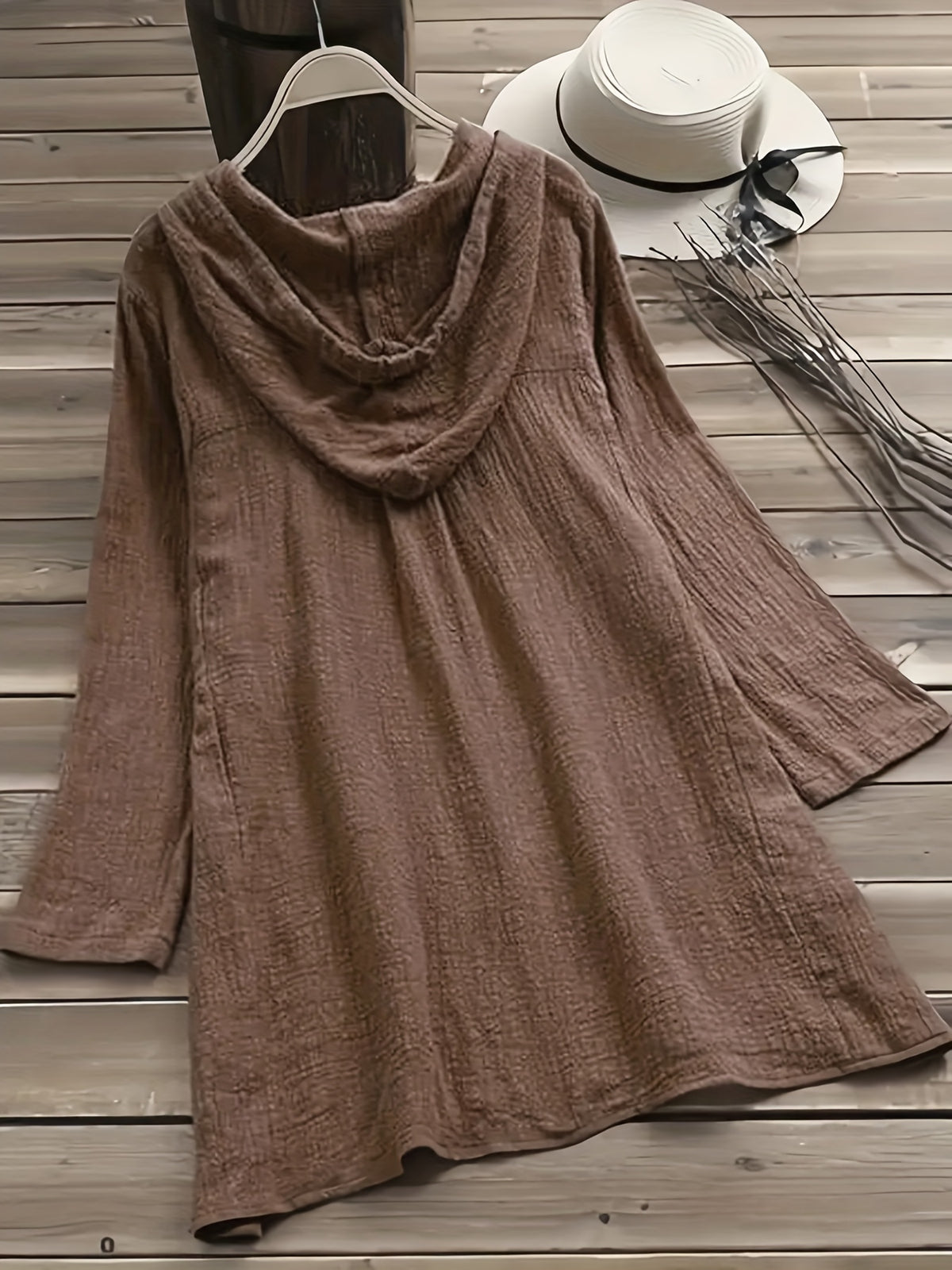 Women's Elegant Solid Color Full- Button- Shirt Jacket with Hood - Long Sleeve Blouse for Casual & Professional Wear, Machine Washable, All-Season Regular Fit Outerwear - Dark Brown