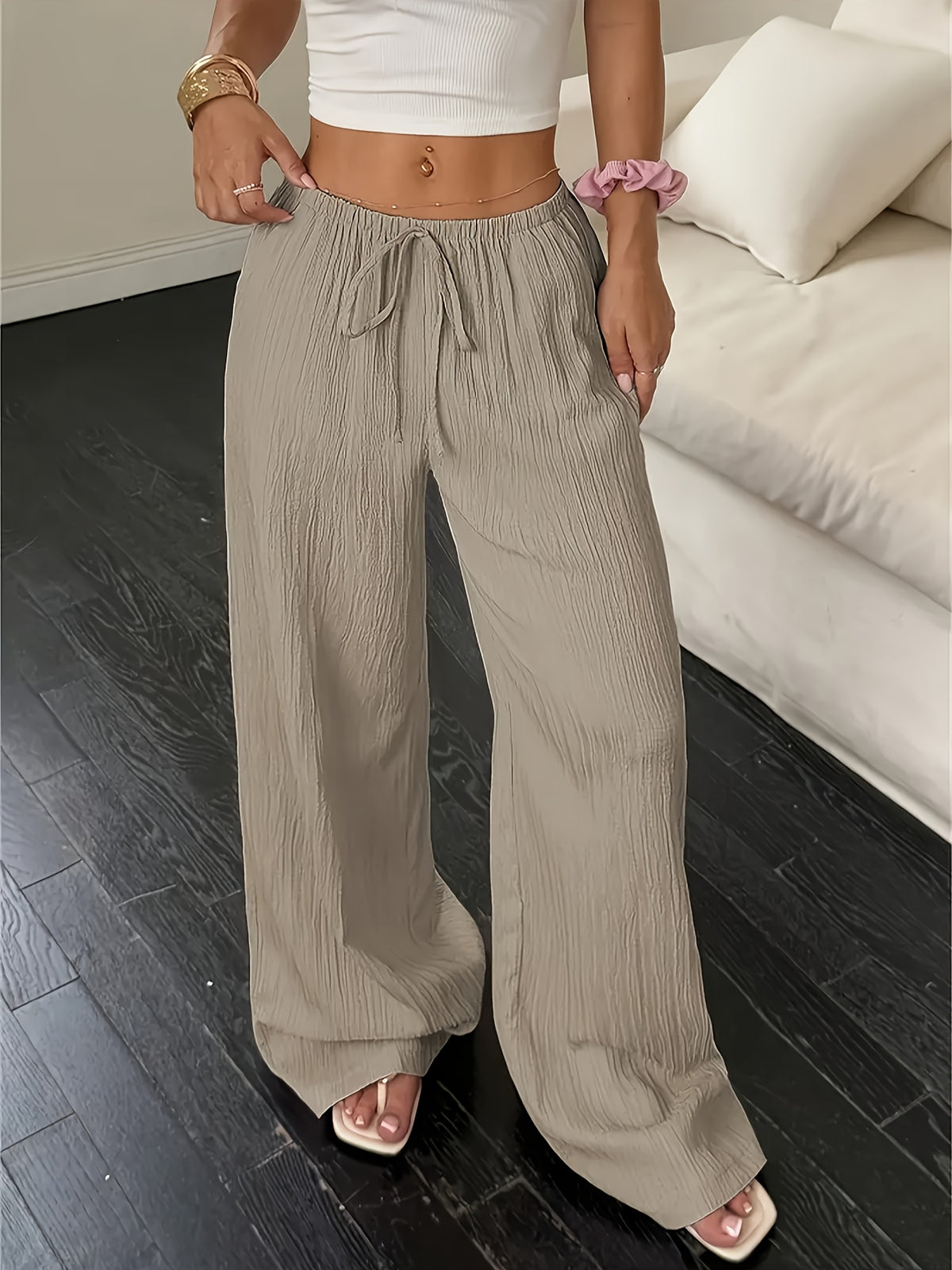 Women's Fashion Casual Khaki Solid Color Elegant Faux Drawstring Straight-Leg Pants - Spring, Summer, and Autumn Solid Color Machine-Washable Trousers, Versatile for Casual and Formal Wear, Faux Drawstring Design, Comfortable and Versatile Style - Khaki
