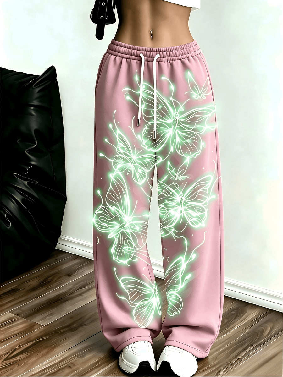 Women's Neon Butterfly Glow-in-the-dark Pattern Jogging Pants with Pockets, Elastic Waistband, and Straight-leg Design - Pink