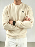 Men's Basic Crew Neck Sweatshirt with Small Galloping Horse Print on Left Chest, Casual Long Sleeve Loose Fit Versatile Solid Color Pullover Sport Sweatshirt - Apricot