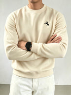 Men's Basic Crew Neck Sweatshirt with Small Galloping Horse Print on Left Chest, Casual Long Sleeve Loose Fit Versatile Solid Color Pullover Sport Sweatshirt - Apricot