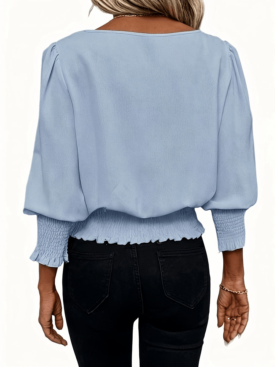 Casual Round Neck Lantern Sleeve Ruffled Women'S Long Sleeve Shirt, Suitable for Spring Summer Fall - Lake Blue