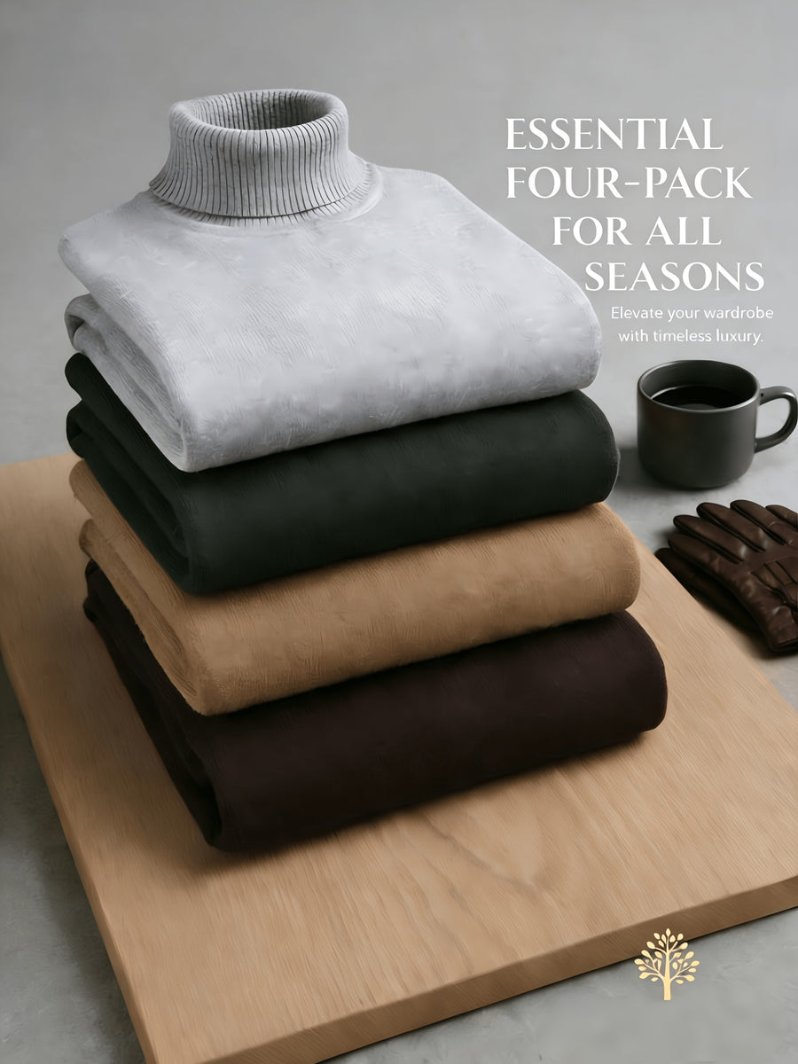 Four Seasons Luxury High-Neck Knit 4pcs Set. Crafted from Skin-friendly Knitted Fabric with a Delicate Texture That Emits a Soft, High-end Glow. The Soft, Smooth Feel Offers Unrestricted Comfort Against the Skin. The Classic High-neck Design Provides - Coffee + Earth Yellow + Green + Light Gray