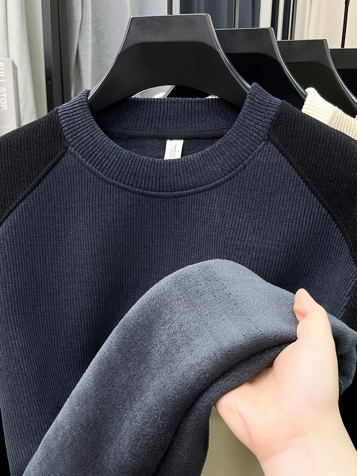 Men'S Color-Block Fleece Sweater Autumn Winter Thick Warm Knit Round Neck Pullover - Grey
