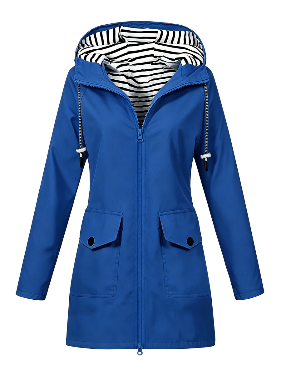 Women'S Hooded Outdoor Pocket Zipper Casual Mid-Length Trench Coat - Royal Blue
