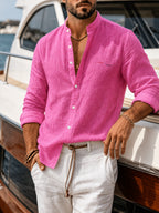 Men's New Faux Stand Collar Button-Up Shirt - Artistic, Understated, Stylish, Versatile, Relaxed Textured Trendy Loose Fit - Soft Daily Shirt Suitable for Formal and Casual Wear at the Beach, on Vacation, and in the Office - Machine Washable - Rose Red