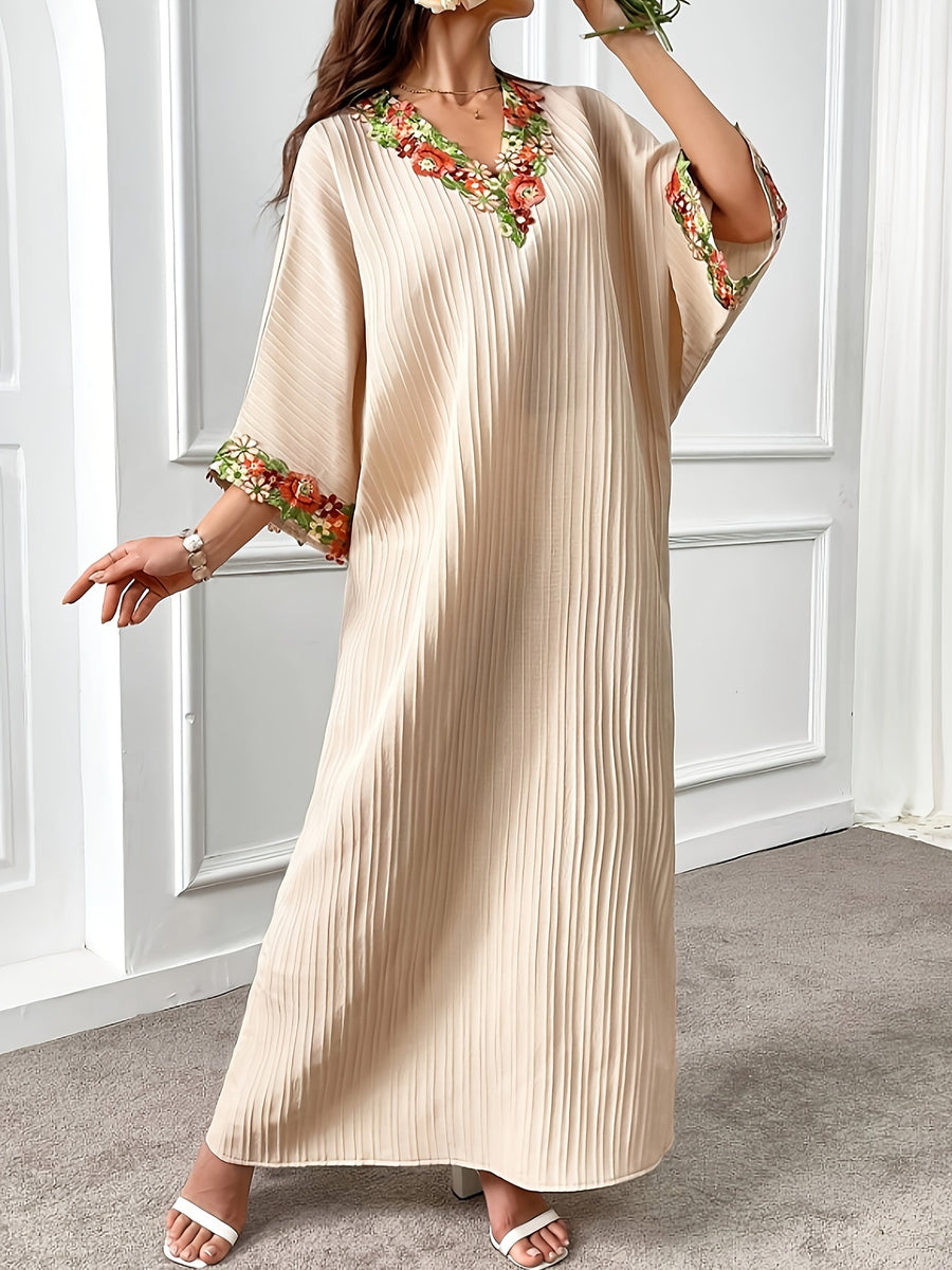 Elegant Women'S Maxi Abaya with Batwing Sleeves & Contrast Lace Detail - Loose Fit, Solid Color, Intricate Embroidery, Polyester, Perfect for Summer - Beige