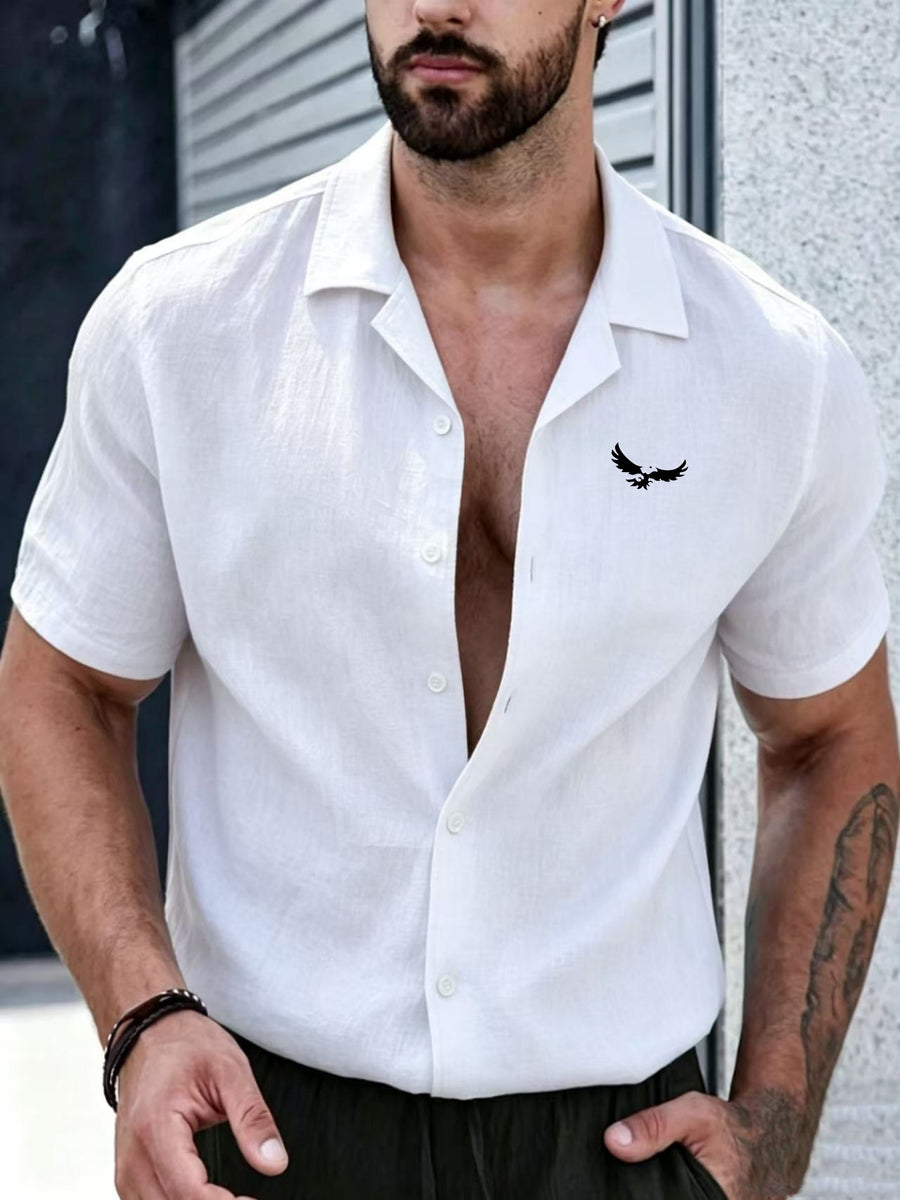 Old Money Style Men's Cuban Collar Short Sleeve Shirt, Linen Texture, Lightweight and Breathable Outdoor Casual Shirt - White