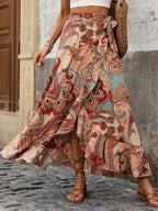 Casually Tailored Floral Print Resort Beach Outfit. Featuring a Knotted Belt, Asymmetrical Hem, And Ruffle Skirt - Multicolor
