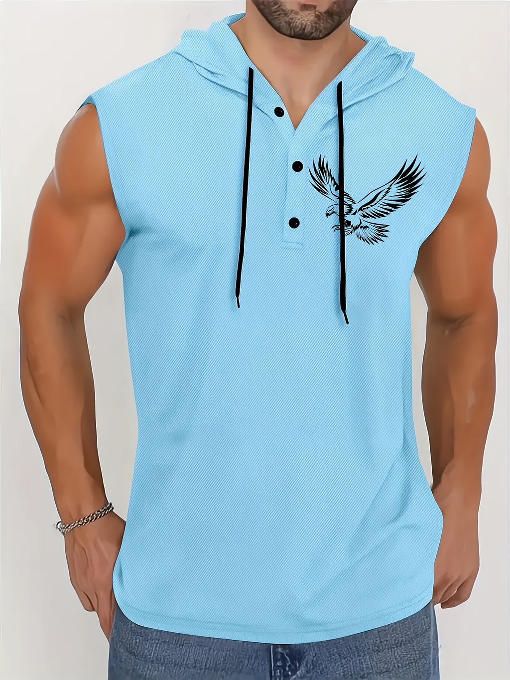Men's Quick-Dry Athletic Hoodie - Sleeveless Gym Shirt, Breathable Workout Top for Running, Outdoor Sports - Lightweight Moisture-Wicking Activewear (Machine Washable), Running Shirt, Casual Sportswear, Tropical Print, Durable Construction, Performance - Sky Blue