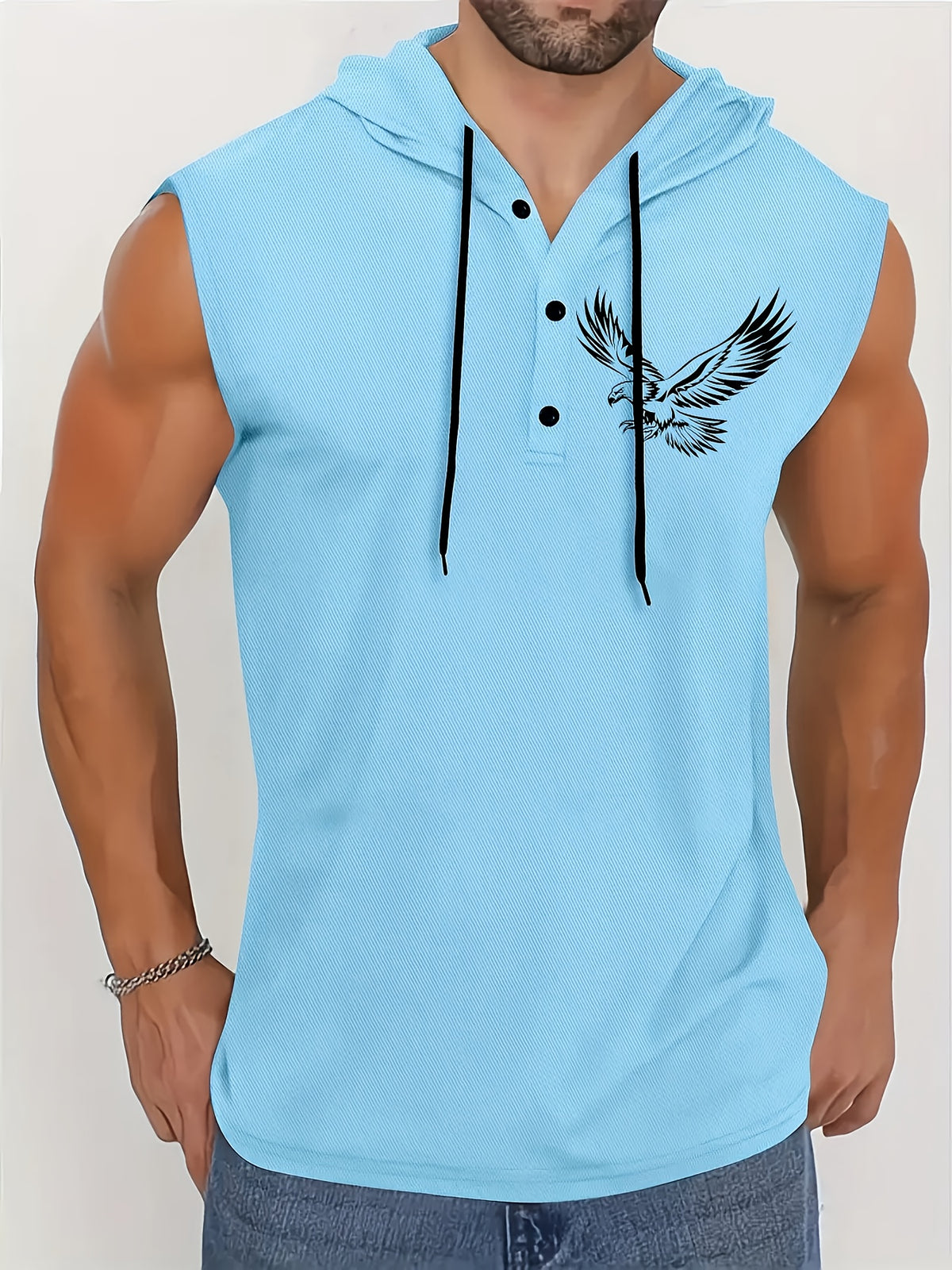 Men's Quick-Dry Athletic Hoodie - Sleeveless Gym Shirt, Breathable Workout Top for Running, Outdoor Sports - Lightweight Moisture-Wicking Activewear (Machine Washable), Running Shirt, Casual Sportswear, Tropical Print, Durable Construction, Performance - Sky Blue