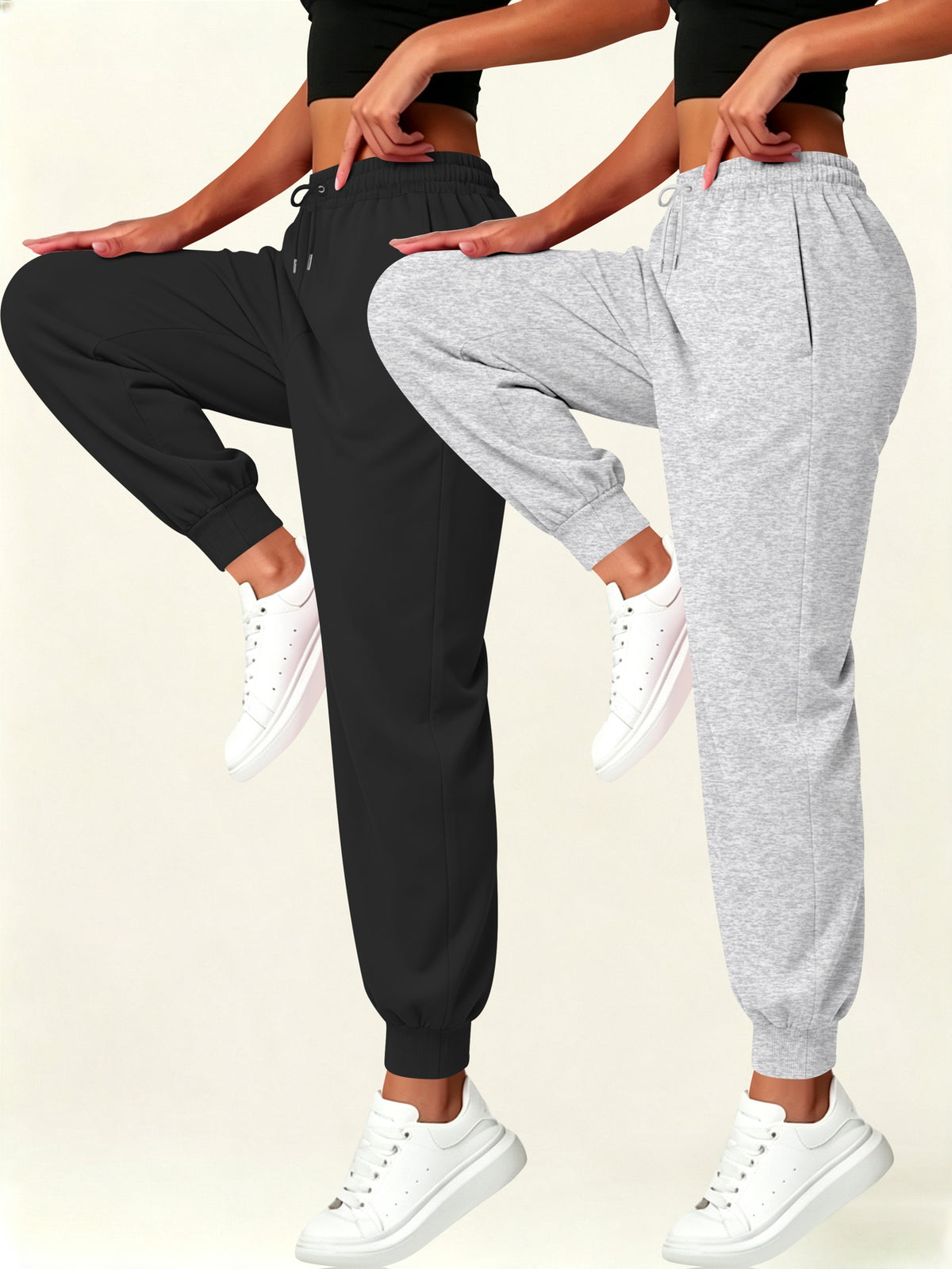 2pcs Set Autumn-Winter Women's Casual Pants with Pockets - Black+gray