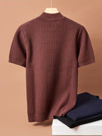 Men Mock Neck Short Sleeve Knit Sweater, Thick Warm Knit Top for Spring Autumn Winter, Wearable Alone Or As Undershirt. Soft Premium Skin-Touch Fabric, Fine Vertical Rib Design to Slim Your Figure for Fashionable Handsome Styling - Coffee Color