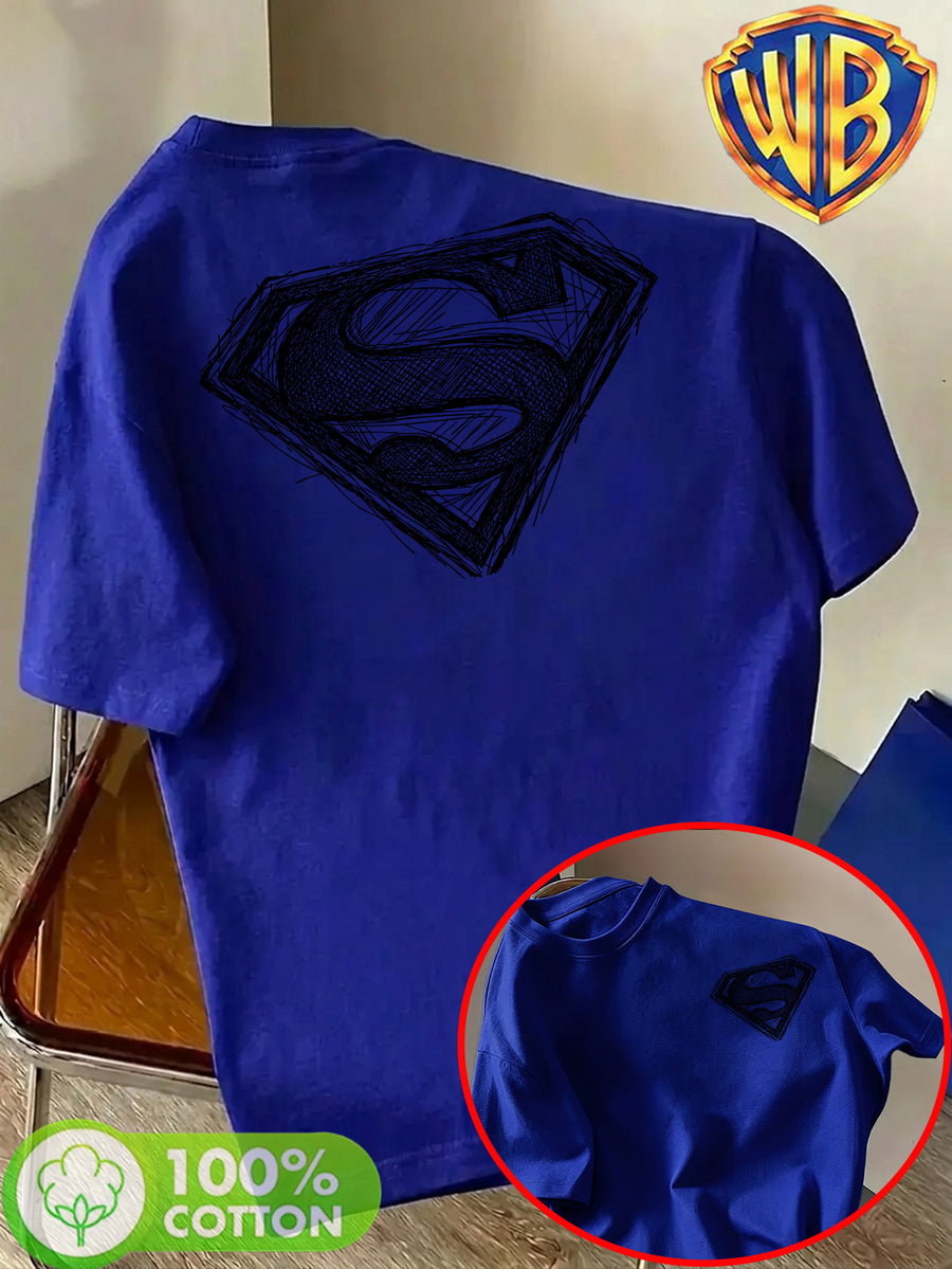 Unisex Summer Loose Round Neck Short Sleeve T-Shirt, Suitable for Daily Commute, Street Outings, City Travel, And Gatherings, Large Superman S Logo Hand-Drawn Sketch Print on Back, Small Pattern on Chest, Easy Artistic Atmosphere - Royal Blue