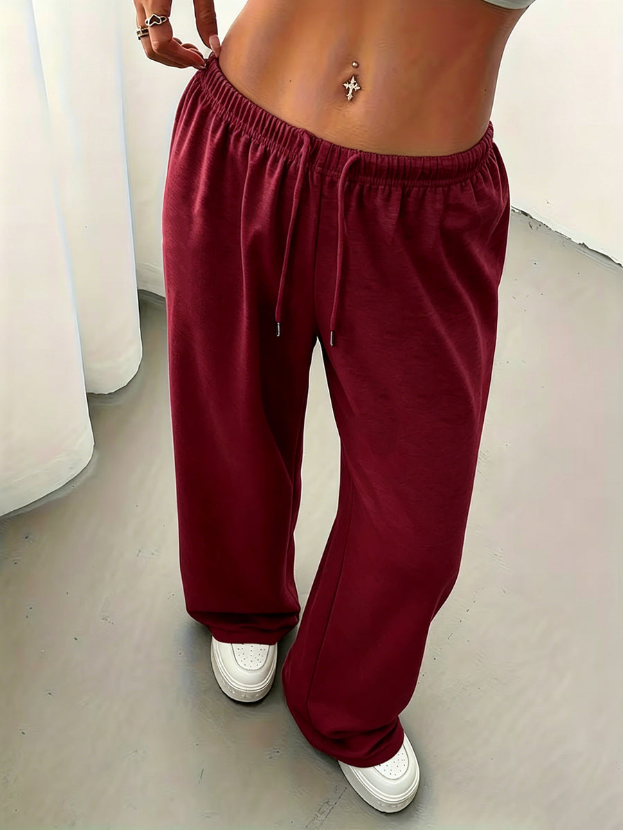 Lazy Style Solid Wide-Leg Pants Women'S High-Waist Drapey Floor-Length Trousers Versatile Casual Sweatpants - Burgundy