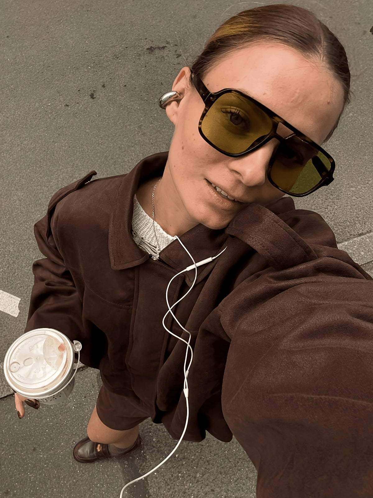 Women'S Casual Street Style Lapel Jacket, Retro Long Sleeve Zip Loose Coat - Coffee Color