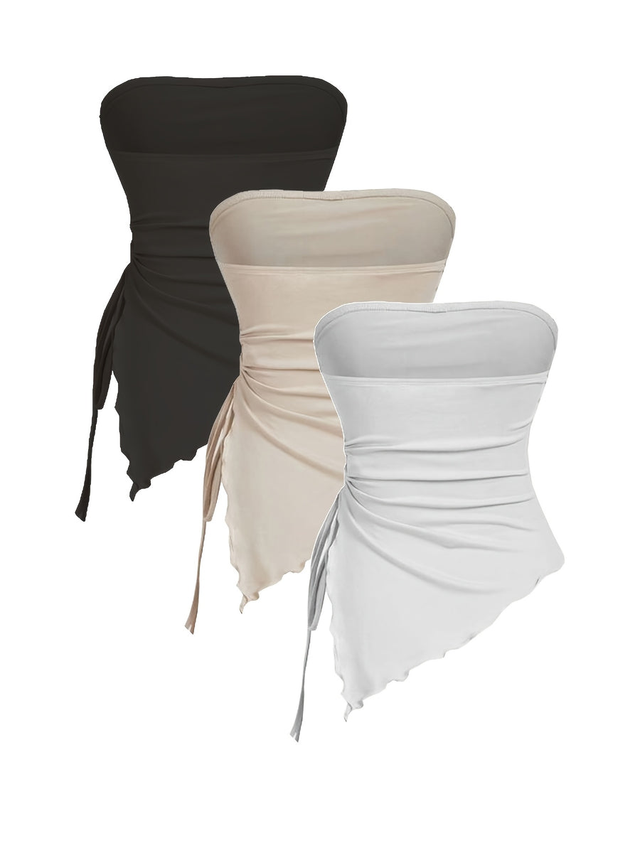 Women'S 3-Pack Strapless Top Drawstring Side Ruched Asymmetrical Tube Tops - Black/Beige/White