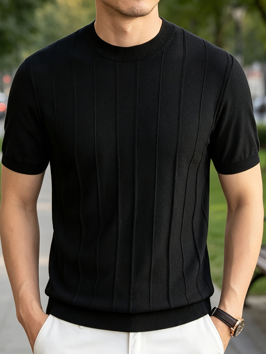 2026 Summer New Laysier And Linen Men'S Textured Vertical Pock-Dot Knit Short Sleeve Light Business Gentleman All-Match Round Neck Solid Color Casual T-Shirt - Black