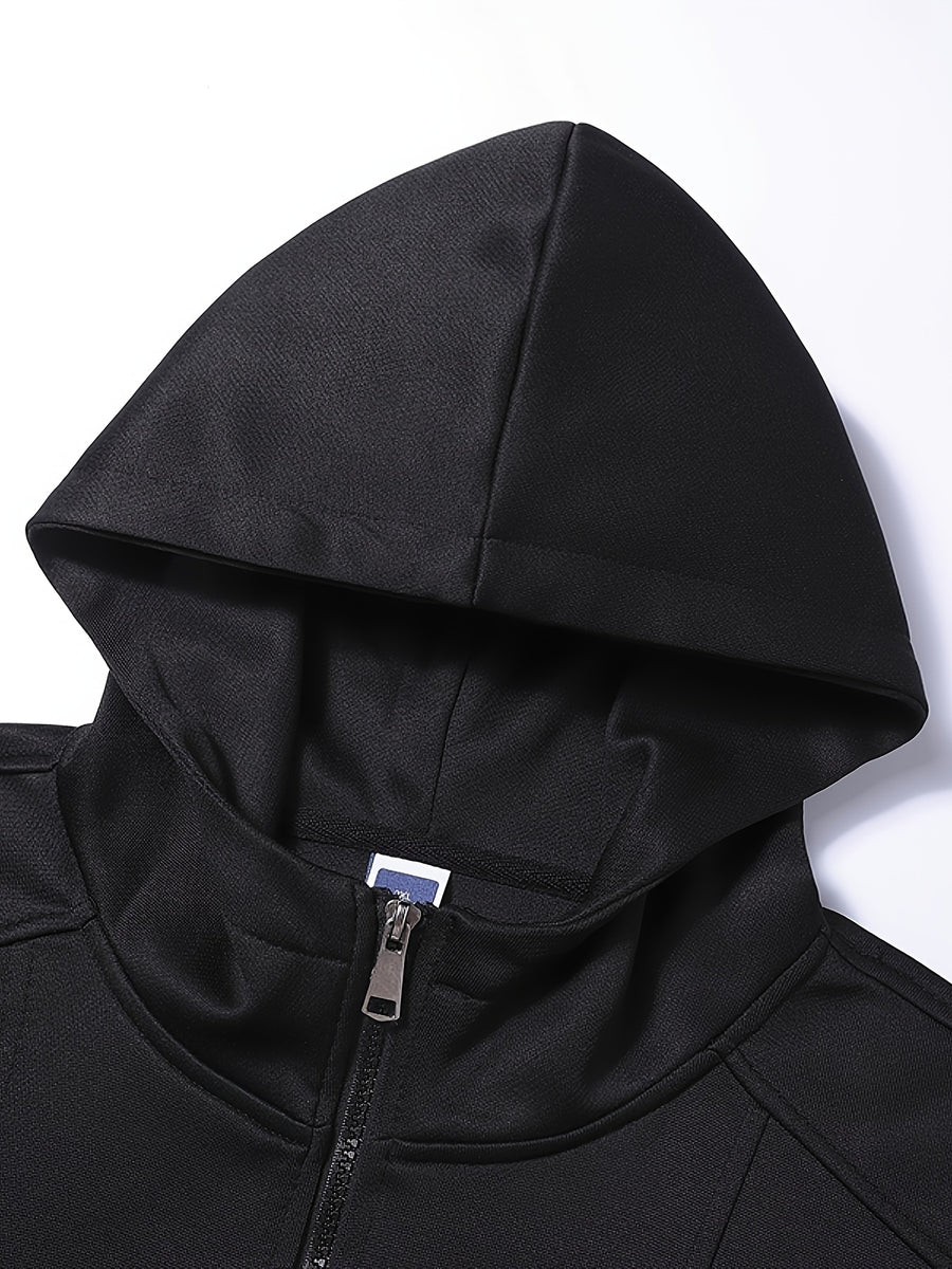Men's Full-Zip Hoodie, Geometric Patchwork Loose Fit Long Sleeve Hooded Sweatshirt, Casual Streetwear Outerwear with Side Pockets, Thick and Soft Fabric Jacket, Suitable for Daily Walks, Gym, Sports, Outings, and Urban Streetwear - Black