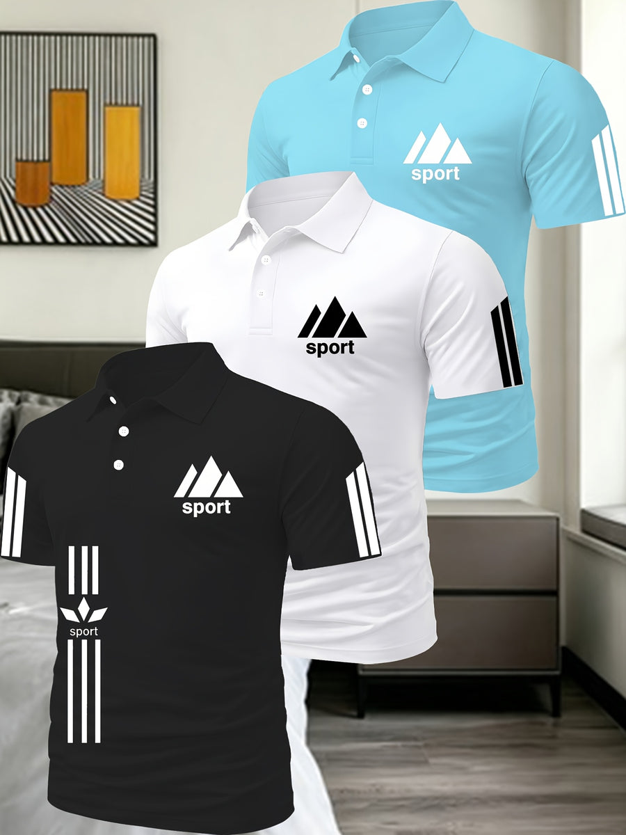 Light Luxury Men'S Solid Color Polo Shirt 3pcs Set Multi-Scene Golf Outfit Top - Black, White, Sky Blue