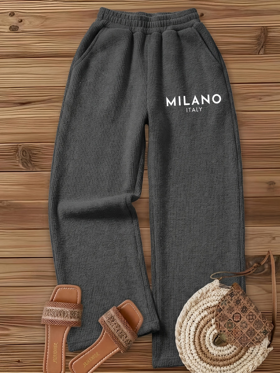 Autumn Winter Women'S Solid Color Elastic Waist Casual Long Pants, Basic MILANO ITALY Letter Print Ribbed Wide-Leg Trousers, Korean Style Easy Drapey Straight Casual Pants for Daily Commute, Warm Casual Sweatpants for Home And Out - Dark Gray