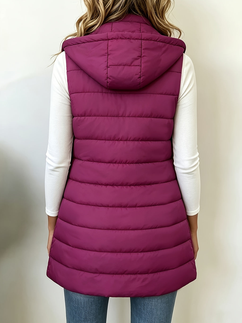 Autumn/Winter Women's Fashion Casual Stand Collar Hooded Vest Padded Coat Warm Outerwear - Deep Red