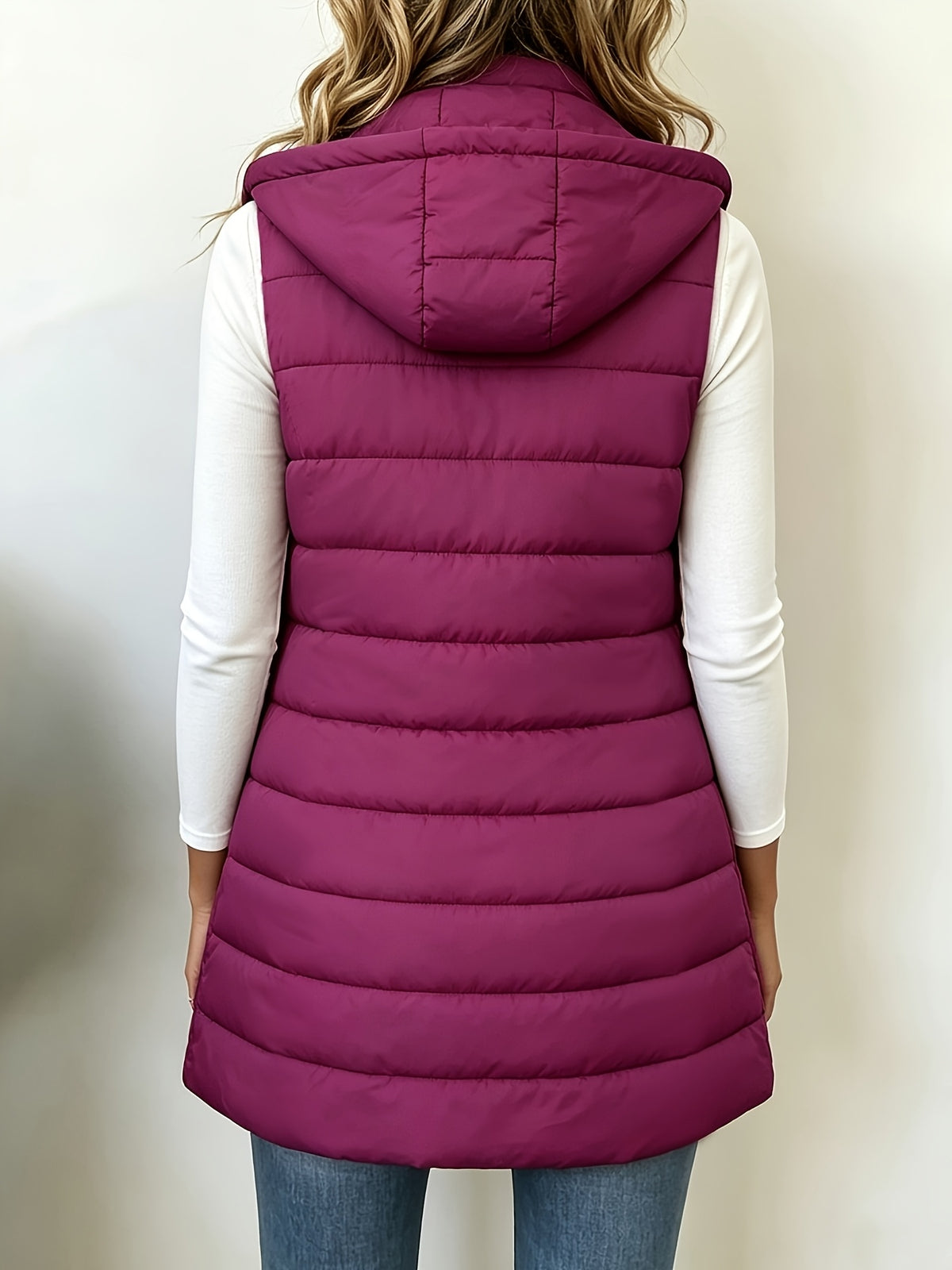 Autumn/Winter Women's Fashion Casual Stand Collar Hooded Vest Padded Coat Warm Outerwear - Deep Red