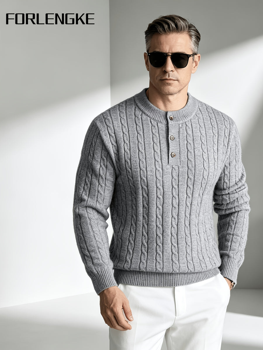 FORLENGKE Men'S Vintage Cable Knit Henley Sweater, Soft Warm Half-Button Pullover for Autumn Winter Daily Business Wear - Grey