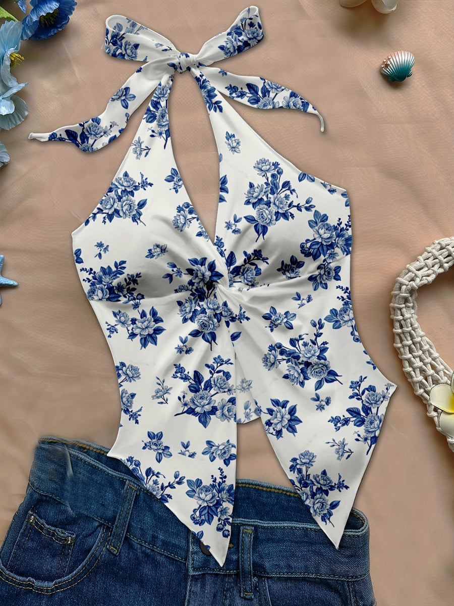 Women'S Spring/Summer Fall Boho Beach Vacation Outfits Marine Floral Leopard Print Trim Bustier Slim Fit Camisole Halter Top, Y2K Vintage Concert Outfit - Vibrant Blue