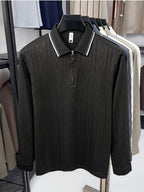 Men's Half-Zip Lapel Long-Sleeve Polo Shirt, Full-Rhombus Jacquard Texture, Contrast-Color Ribbed Collar, Simple Light-Luxury Top, for Business Receptions, Daily Commuting, Loose-Fit Men's Long-Sleeve T-Shirt - Black