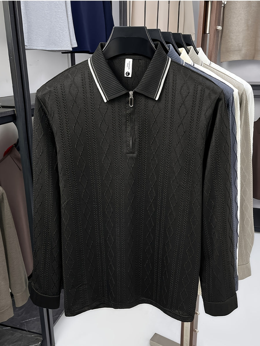 Men's Half-Zip Lapel Long-Sleeve Polo Shirt, Full-Rhombus Jacquard Texture, Contrast-Color Ribbed Collar, Simple Light-Luxury Top, for Business Receptions, Daily Commuting, Loose-Fit Men's Long-Sleeve T-Shirt - Black