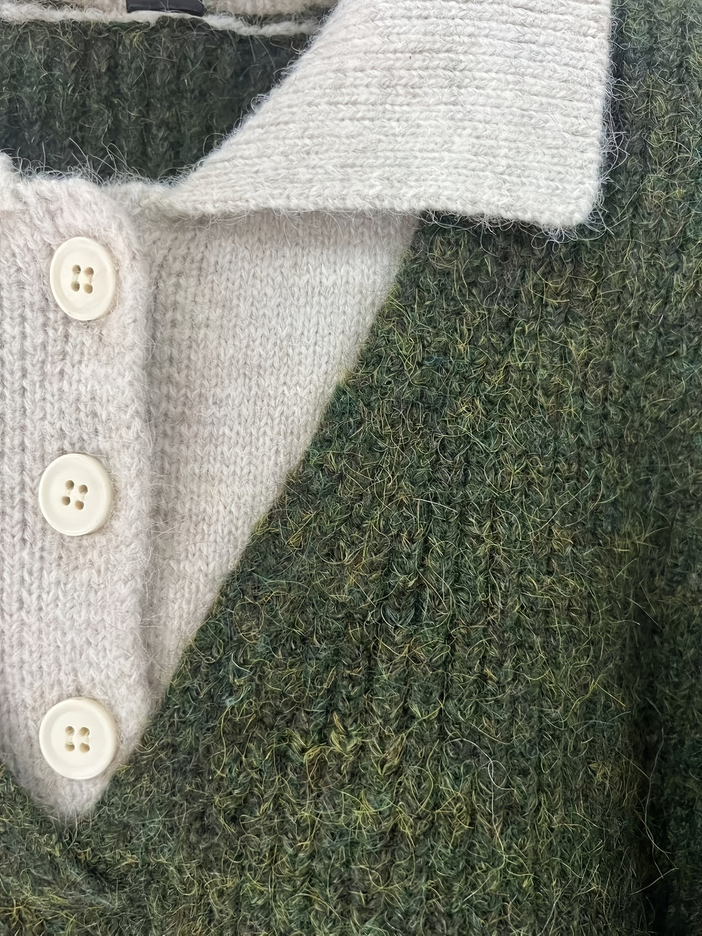 Simple Casual Color-Block Patchwork Lapel Pullover Long-Sleeve Sweater, Fashionable 2-in-1 Look Knitwear - fern green