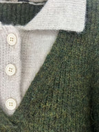 Simple Casual Color-Block Patchwork Lapel Pullover Long-Sleeve Sweater, Fashionable 2-in-1 Look Knitwear - fern green