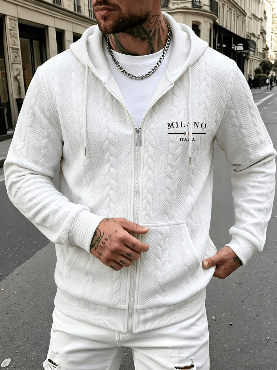 Autumn Winter Men'S Thick Jacquard Long Sleeve Cardigan Hoodie, Comfortable Warm Fabric with Trendy Print, Suitable for Daily Outings, Outdoor Sports, Travel, And Vacation, Lightweight Comfortable Regular Fit, Ideal for Beach, Hiking, Evening Wear - White